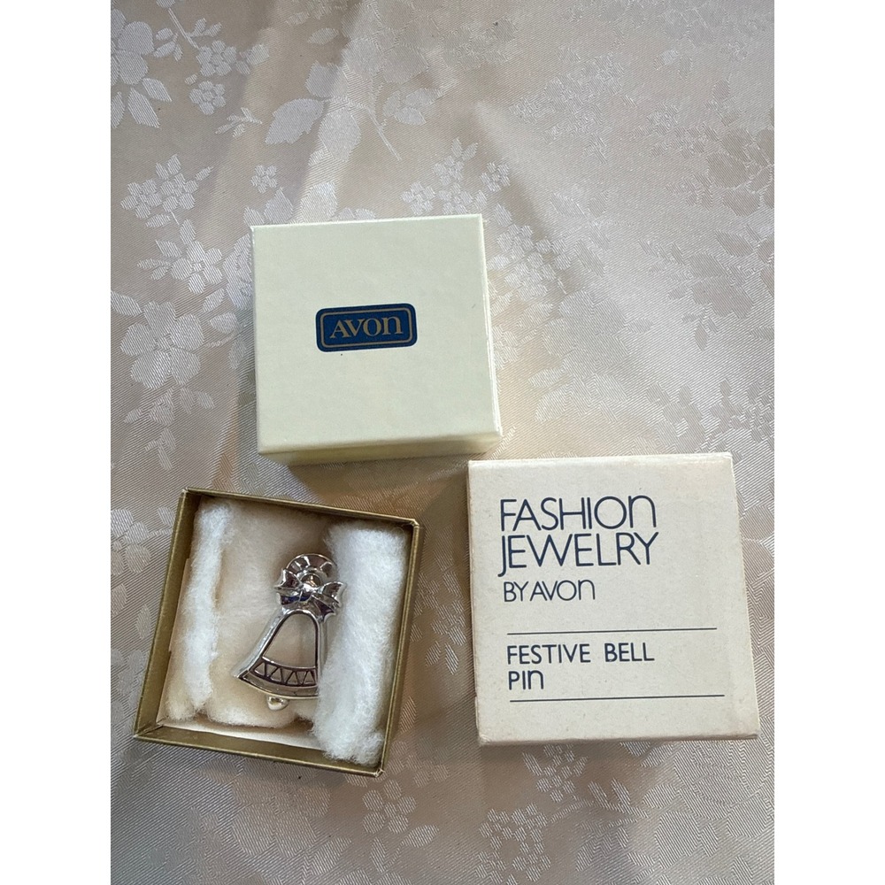 Vintage 1981 Avon Festive Bell Pin Silver Tone Holiday Christmas Jewelry Boxed